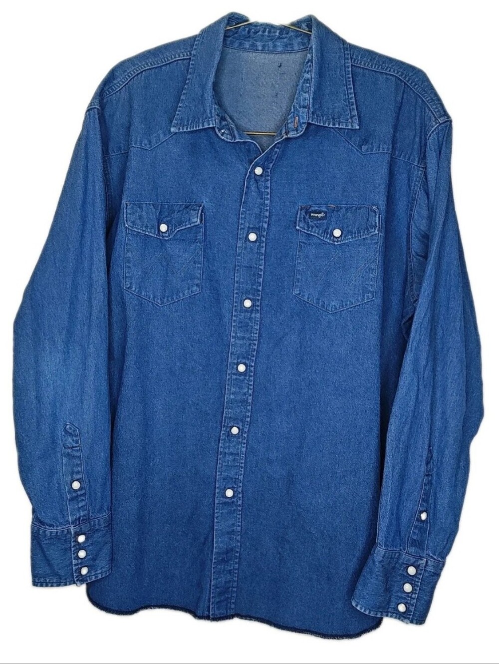 Vintage Wrangler Western Pearl Snap Shirt Blue Denim 3X Rockabilly Cowboy Biker